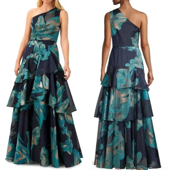 New! AIDAN MATTOX One-shoulder Tiered Ballgown Maxi dress peacock 26747 - Picture 2 of 15